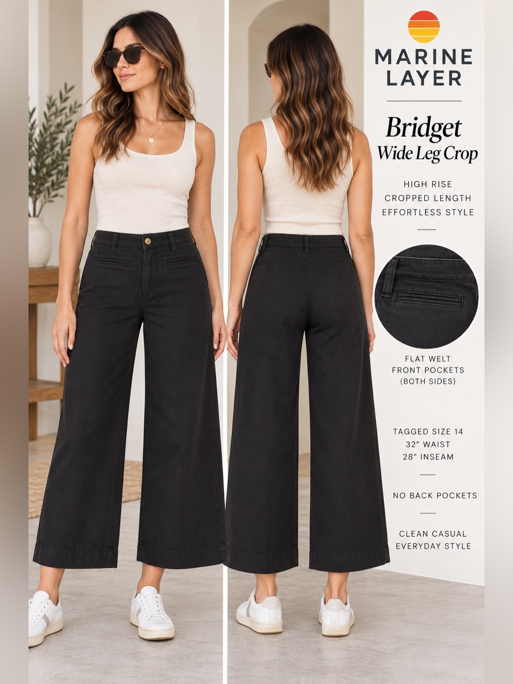 Marine layer Bridget wide leg crop pants women 14 runs small black baggy grunge